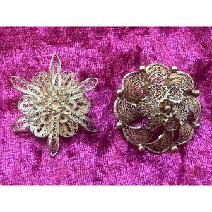 Vintage 925 Silver Filigree Floral Brooches Set Of 2
